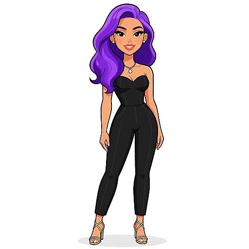 Digital illustration of a confident woman with vibrant purple hair, wearing a black strapless jumpsuit and gold heels, standing against a white background.