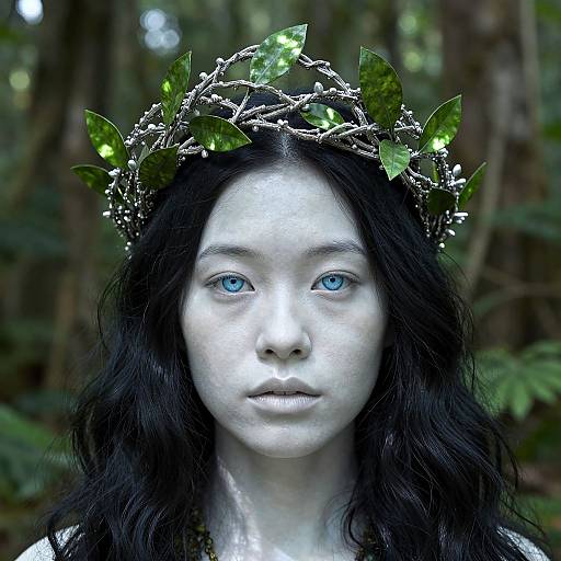 Photograph of a pale-skinned woman with blue eyes, long black hair, wearing a green leaf and vine crown, in a forest.