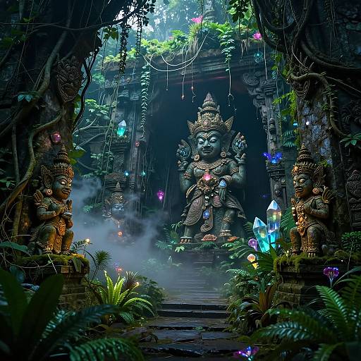 Mystical jungle temple with glowing crystals, fog, and three ornate stone guardians flanking a central, detailed statue of a deity. Photoreal