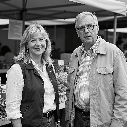 Black and White Portrait of Two People at Market