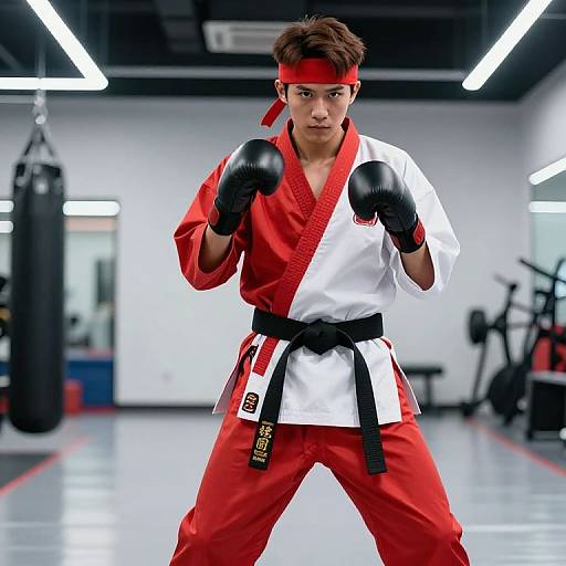 Dynamic Male Boxer in Karate Outfit