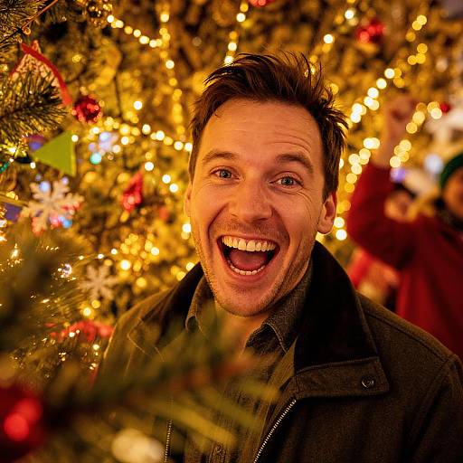 Photograph of a smiling man with short brown hair and beard, wearing a dark jacket, in front of a brightly lit Christmas tree with colorful lights and