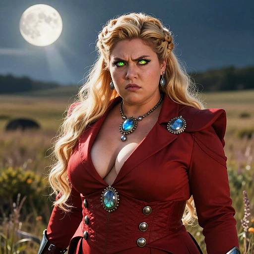 Irate Woman with Glowing Eyes in Red Suit at Moonlit Steppe