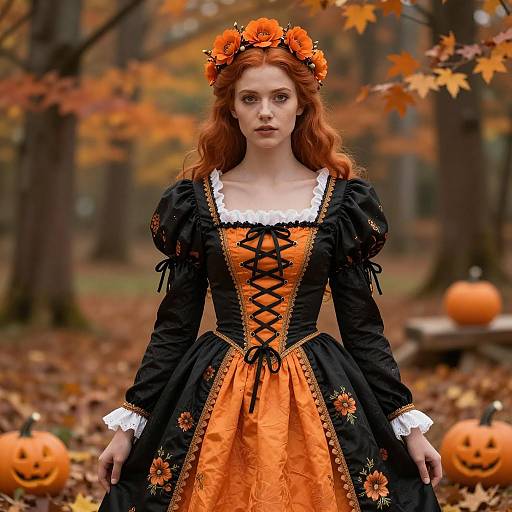 Woman in Renaissance Halloween Costume in Autumn Forest