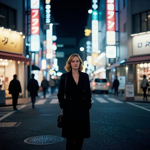 Photograph of a blonde woman in a black coat standing confidently in a neon-lit, bustling urban Japanese street at night.