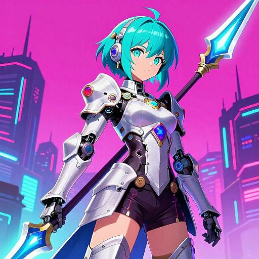 Digital anime-style drawing of a blue-haired, green-eyed female warrior in white and black futuristic armor, holding a glowing spear, against a neon pink city