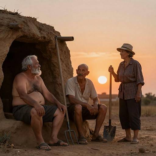 Rustic Sunset: Three Elderly Figures