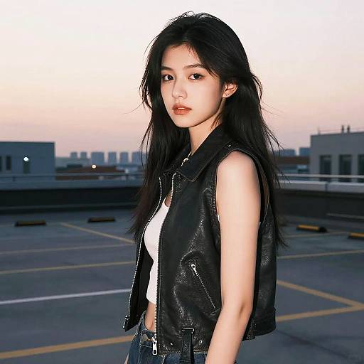 Young Woman with Mullet Hairstyle in Leather Vest