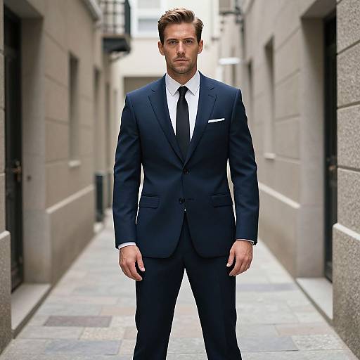 Photograph of a handsome, bearded man in a sharp, dark blue suit, white shirt, and black tie, standing in a narrow, urban