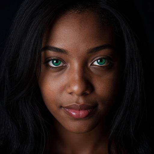 Photograph of a dark-skinned woman with striking green eyes, straight black hair, and glossy pink lips, set against a black background.