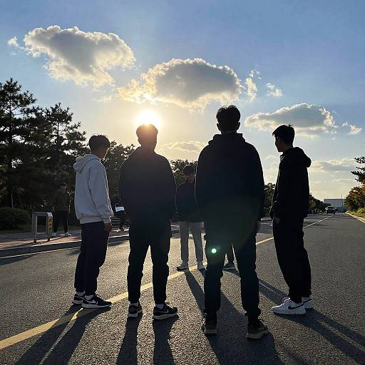 Sunlit Boys Standing on Sunset Road