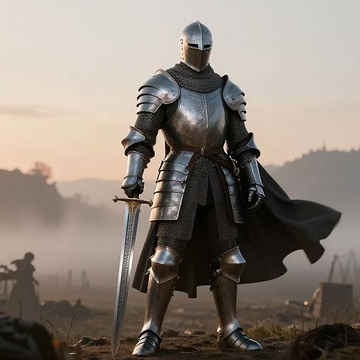 Photorealistic CGI of a medieval knight in full silver armor, helmet, and black cape, standing with sword, in misty battlefield at dawn.