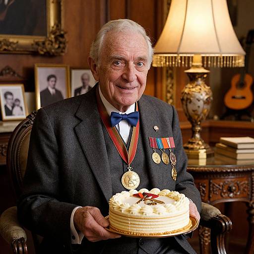 Elderly man in gray suit with medals, blue bowtie, holding white cake with red ribbon, sitting in warmly lit, wood-paneled room