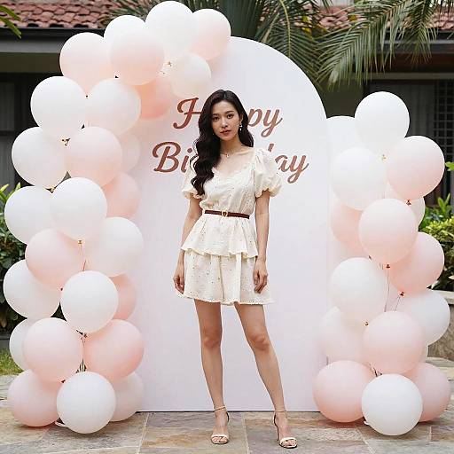 Woman in Summer Birthday Outfit with Balloons