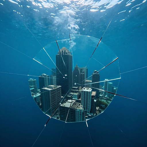 Photograph of a cityscape viewed through a circular glass lens underwater, surrounded by blue water with light rays. Modern skyscrapers and buildings, illuminated