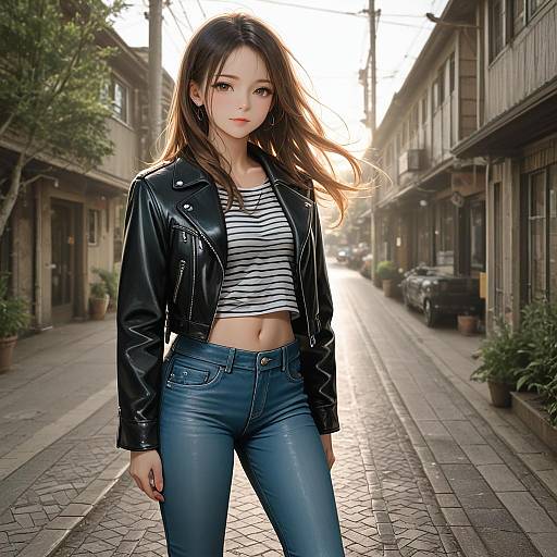 Young Woman in Leather Jacket Standing Outdoors