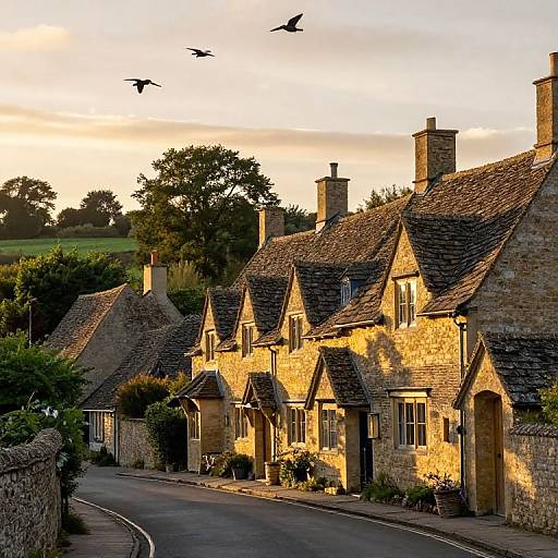 Photograph of charming, sunlit, stone cottages with steep, tiled roofs, curved road, lush greenery, and birds flying at sunset.