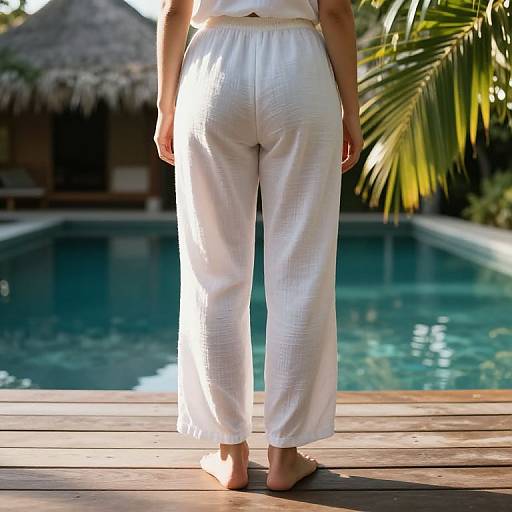Photograph of a person's back, wearing white, textured pants and a white top, standing barefoot on a wooden deck by a tropical pool with