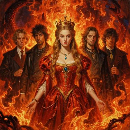 Digital fantasy artwork: A regal, fair-skinned woman with long blonde hair, wearing a red gown, crown, and blue gemstone necklace,