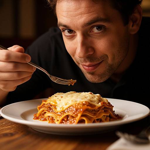 Photograph of a smiling man with short dark hair, holding a fork above a cheesy lasagna on a white plate, in a dimly lit restaurant