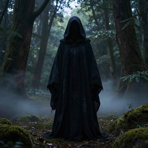 Mysterious hooded figure in dark, ornate cloak stands in misty, dense forest with tall trees and green moss. (Digital art)