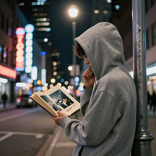 Photograph of a person in a gray hooded sweatshirt, reading a book on a city street at night, with bright neon lights and blurred city