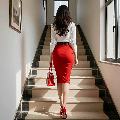 Woman in Red Skirt Walking Down Stairs