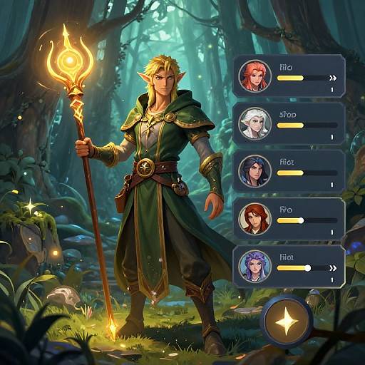 Digital fantasy artwork of an elf with pointed ears, holding a glowing staff, surrounded by a forest. Character choice overlay on the right shows five elf profiles
