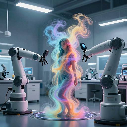 Photorealistic digital art of a woman with long, colorful, ethereal flames emerging from robotic arms in a modern laboratory.