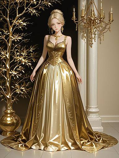 Elegant Woman in Metallic Gold Ball Gown