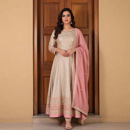 Photograph of a South Asian woman with long black hair, wearing a white embroidered traditional lehenga and pink dupatta, standing in front of a wooden