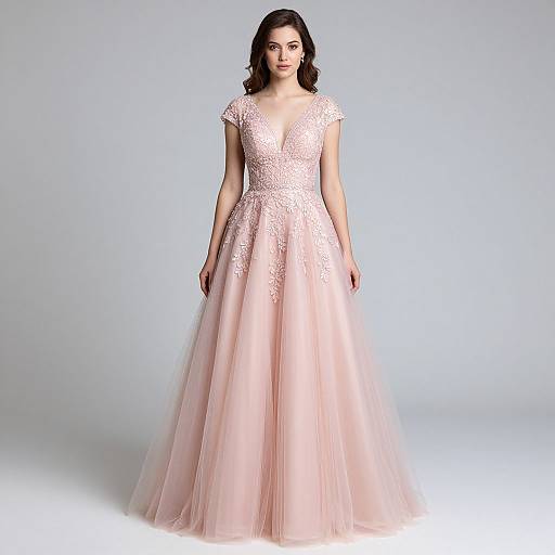 Photograph of a fair-skinned woman with dark brown, wavy hair wearing a pink, lace-embellished, V-neck, short-s