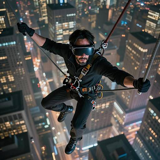 Photorealistic CGI of a bearded man in black tactical gear, virtual reality headset, and harness, swinging between skyscrapers at night, city