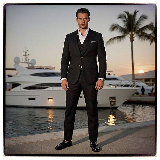 Photograph of a handsome man in a black suit, white shirt, and black shoes, standing on a marina at sunset with a yacht and palm