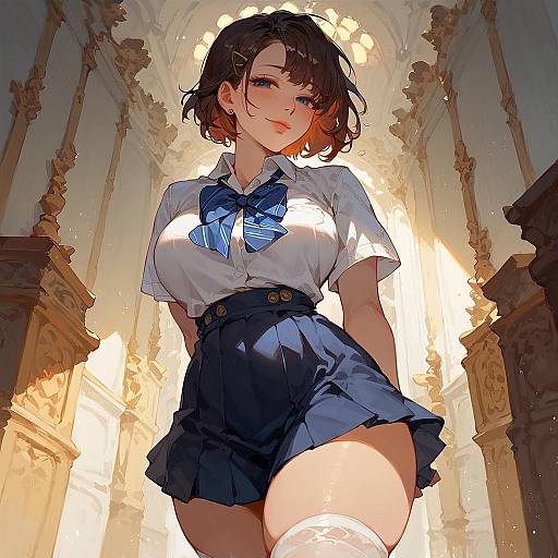 Digital anime-style drawing of a cute, curvy girl with short brown hair, wearing a white blouse, blue bow, and skirt, in a sun