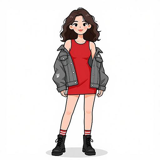 Digital illustration of a cute, young woman with wavy dark hair, wearing a red dress, black jacket, red-striped socks, and black boots,
