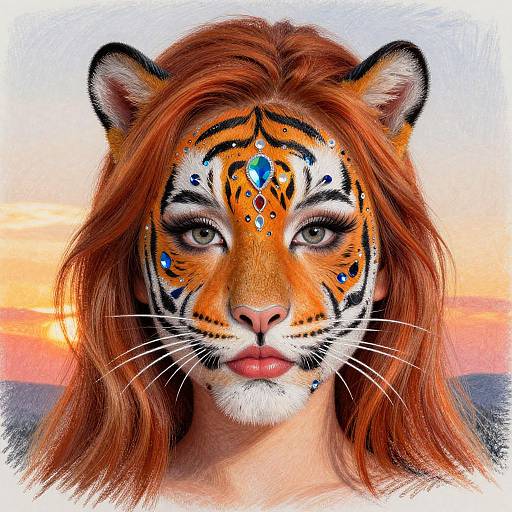 Digital artwork of a human-tiger hybrid with vibrant orange fur, red hair, blue facial paint, and a sunset background.