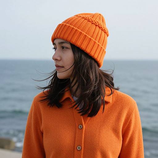Photograph of a young woman with medium-length black hair, wearing an orange knitted beanie and matching orange button-up sweater, standing by a calm