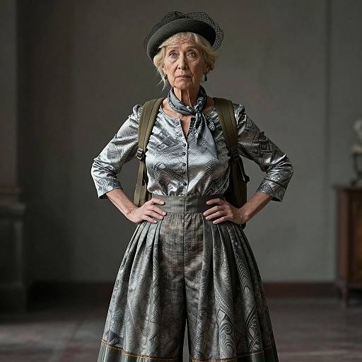 Photograph of an elderly woman with gray hair, wearing a black hat, silver patterned dress, and brown backpack, standing confidently with hands on hips