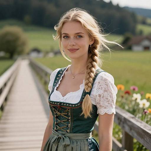 Sunlit Swiss Dirndl Portrait, Long Braids
