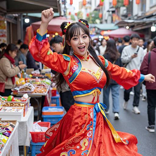 Photograph of a joyful Asian woman in a vibrant red traditional Chinese outfit with blue and gold accents, dancing in a bustling outdoor market with colorful food stalls