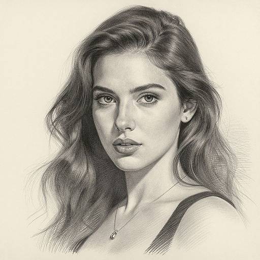 Black-and-white pencil drawing of a young woman with wavy hair, piercing eyes, subtle makeup, small earrings, and a simple necklace.