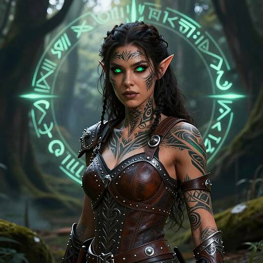 Digital artwork of a tattooed, green-eyed, dark-haired elf woman with pointed ears, wearing brown leather armor, standing in a mystical forest with glowing