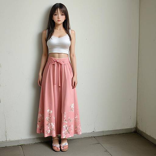 Asian Woman Wearing Pink Floral Skirt and White Crop Top