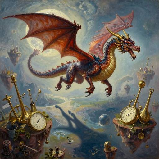 Fantastical digital painting of a fiery red and blue dragon with large wings, soaring above a surreal landscape of floating clocks and islands under a glowing full