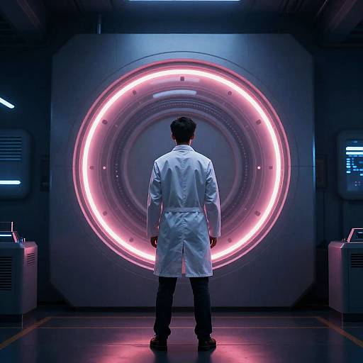 Futuristic Scientist by Glowing Machine