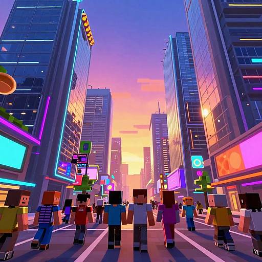 Pixely digital art of a neon-lit, futuristic city street at sunset. Blocky, pixelated characters stand in the foreground, surrounded by brightly