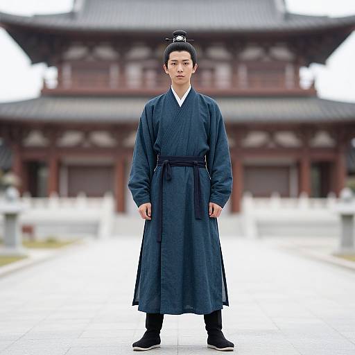Photograph of a serious East Asian man in traditional black Korean hanbok, standing in front of a blurred traditional wooden building.