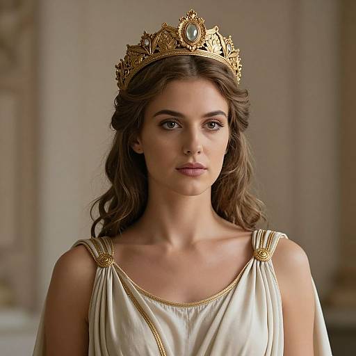 Photograph of a young woman with fair skin, brown wavy hair, wearing a gold ornate crown, and a white sleeveless gown with gold