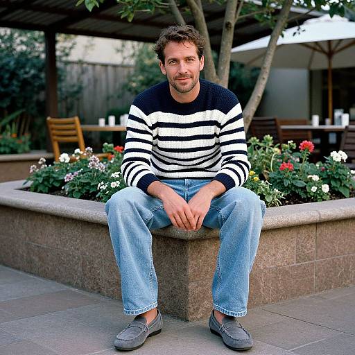 Photograph of a bearded man with short brown hair, wearing a black and white striped sweater, blue jeans, and gray loafers, sitting on